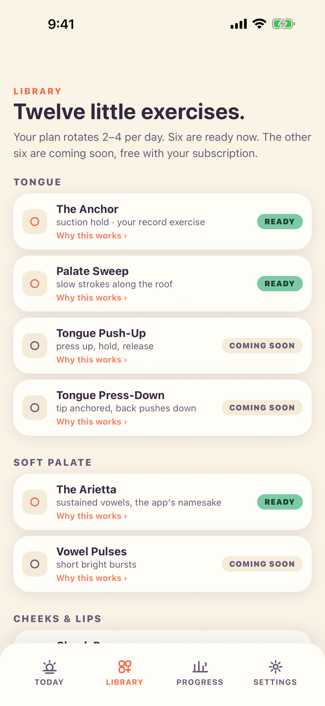 Arietta's Library screen: twelve exercises grouped by tongue, soft palate, and cheeks and lips, each with a 'why this works' explainer