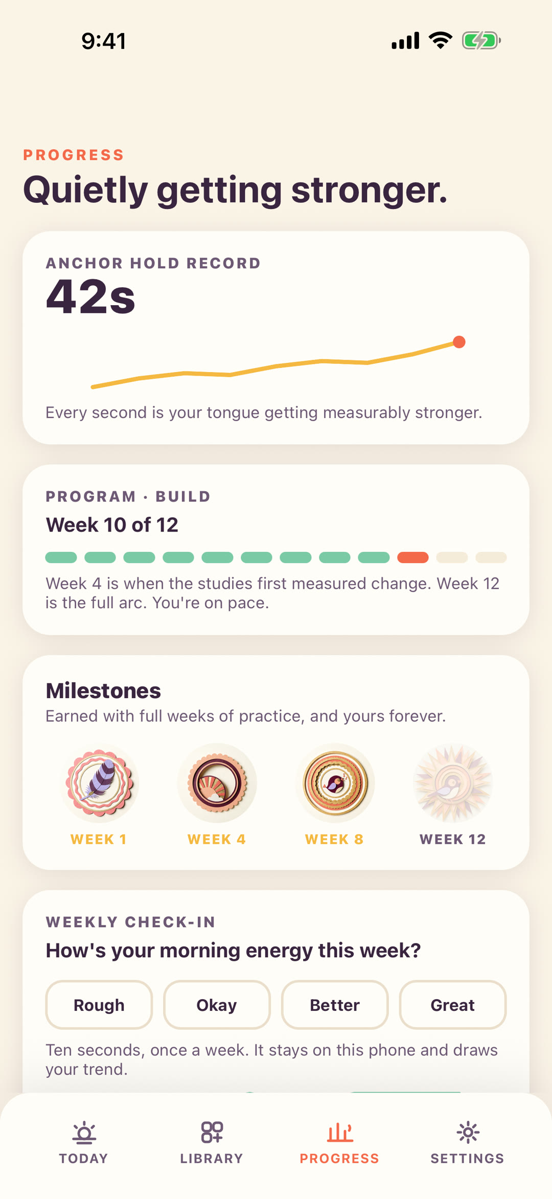 Arietta's Progress screen: a 42-second anchor hold record with its trend line, week 10 of the 12-week program, and papercraft milestone badges