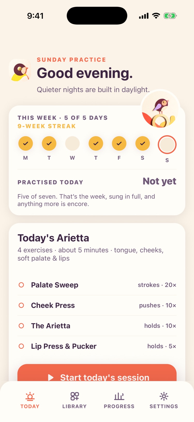 Arietta on iPhone, showing today's practice, the weekly streak, and time practised