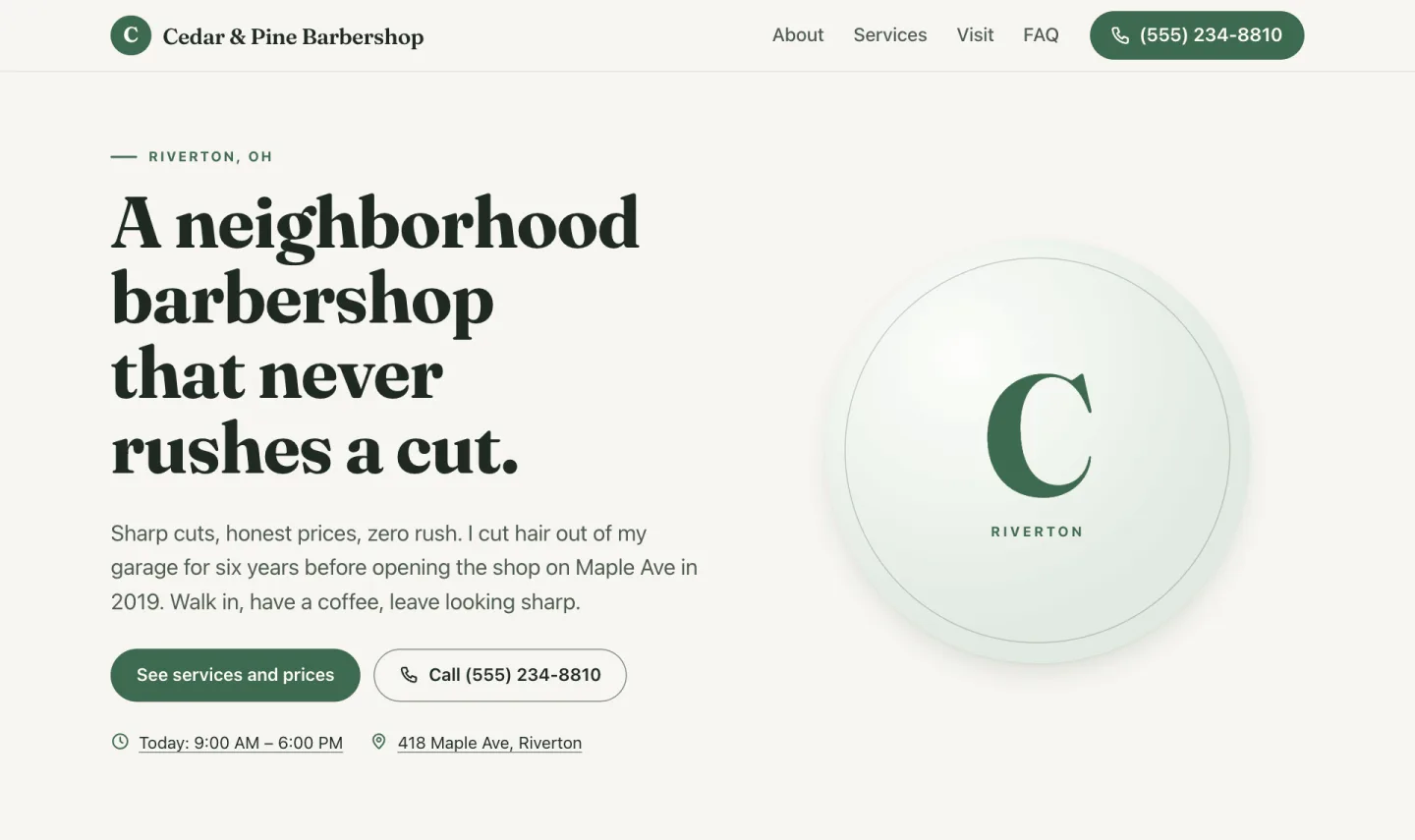 The Cedar and Pine Barbershop homepage: the owner’s own words, today’s hours, and one clear next step