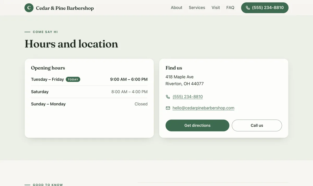 Hours, address, phone, and email on the Cedar and Pine demo site, with today marked