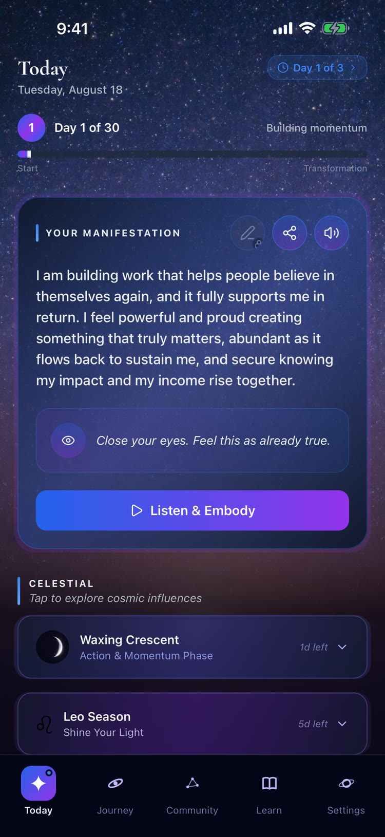 Manifestory on iPhone, showing Day 1 of 30 with a personal manifestation statement and celestial cards