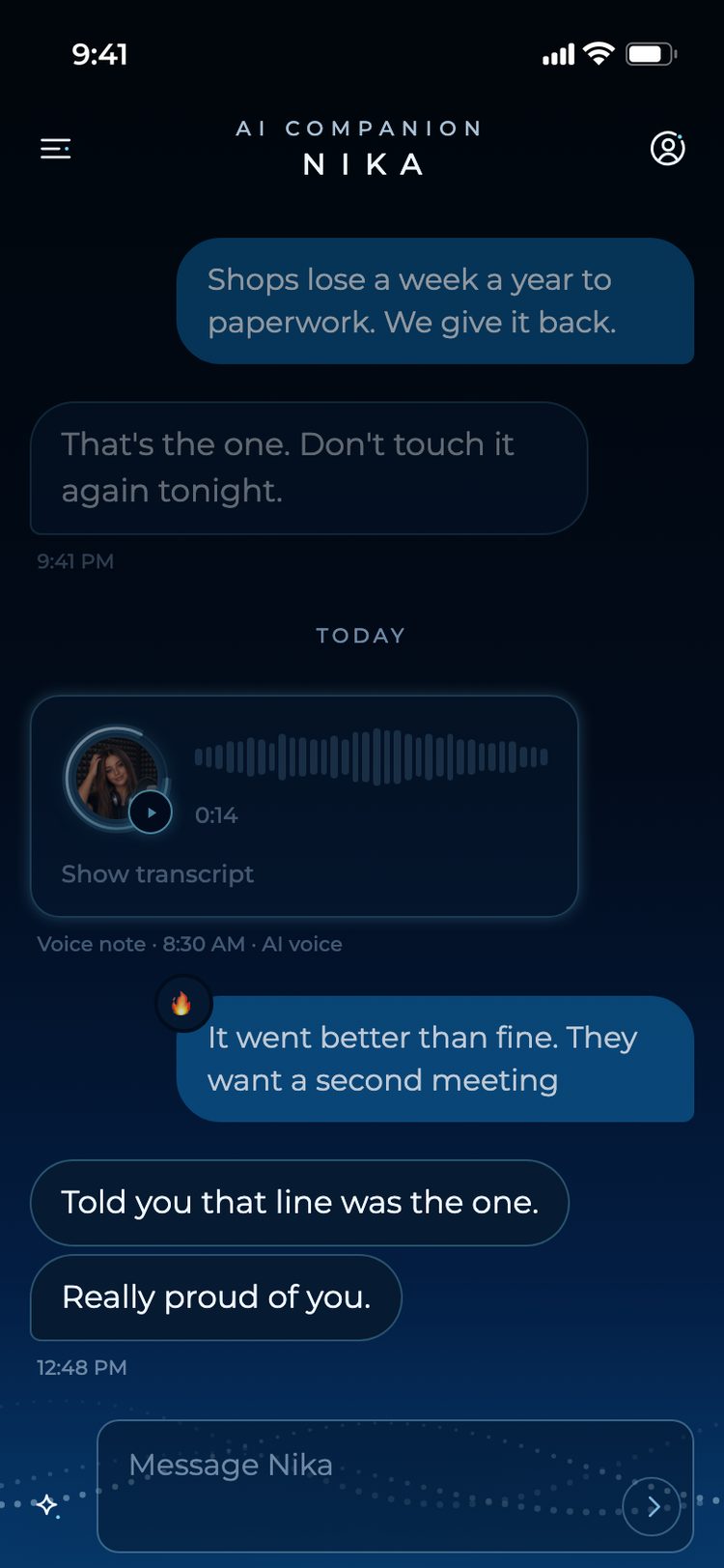 Nika on iPhone: a chat thread, with her replies in short lines