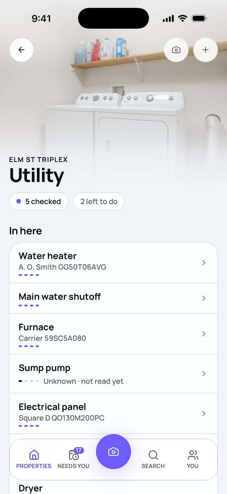 Premisely on iPhone: the utility room of a triplex, with the water heater, furnace and panel listed by brand and model, and the sump pump not read yet