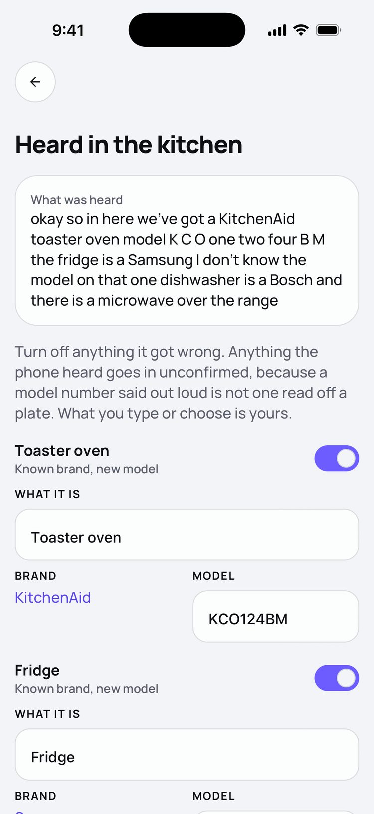 Premisely on iPhone: Heard in the kitchen, a spoken list of appliances turned into items that go in unconfirmed